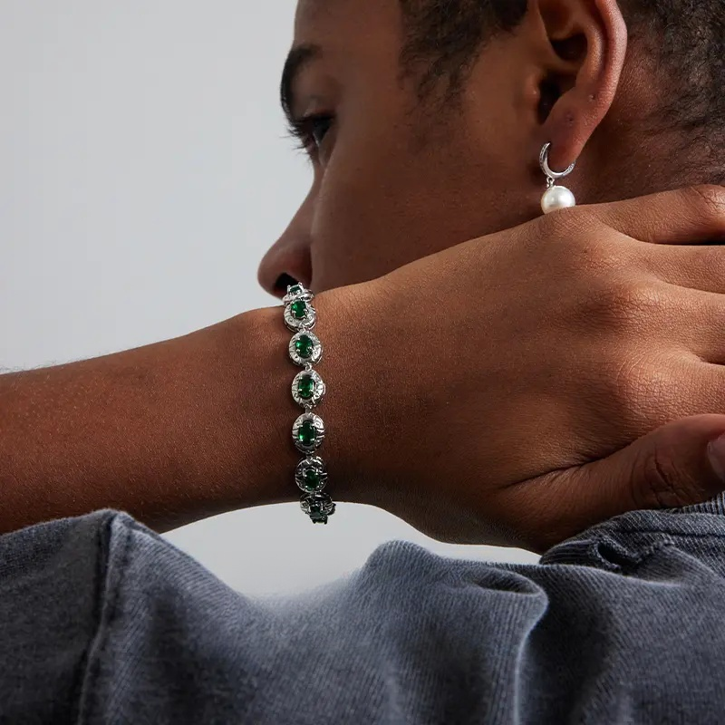 Copper alloy synthetic zircon bracelet, European and American style, green spliced and inlaid tennis bracelet, suitable for men, for street style