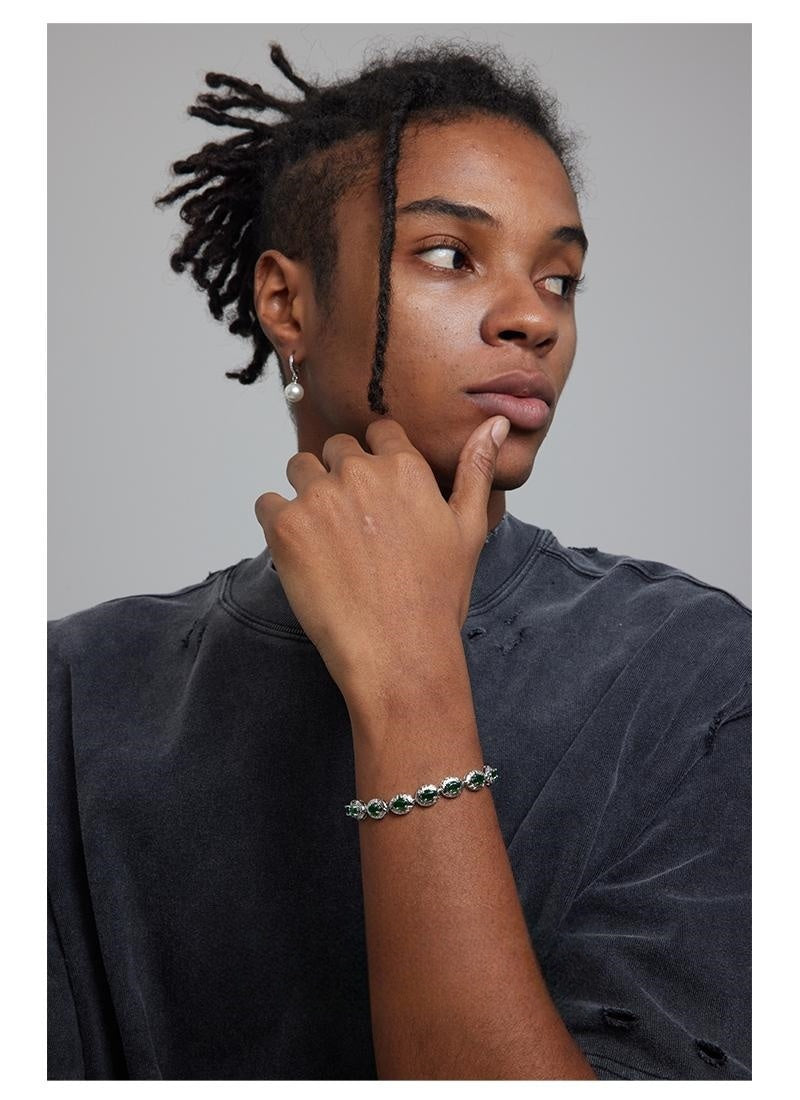 Copper alloy synthetic zircon bracelet, European and American style, green spliced and inlaid tennis bracelet, suitable for men, for street style