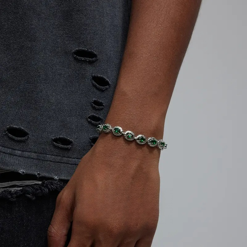 Copper alloy synthetic zircon bracelet, European and American style, green spliced and inlaid tennis bracelet, suitable for men, for street style