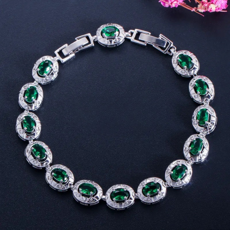Copper alloy synthetic zircon bracelet, European and American style, green spliced and inlaid tennis bracelet, suitable for men, for street style