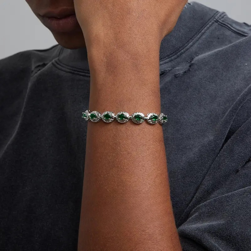 Copper alloy synthetic zircon bracelet, European and American style, green spliced and inlaid tennis bracelet, suitable for men, for street style