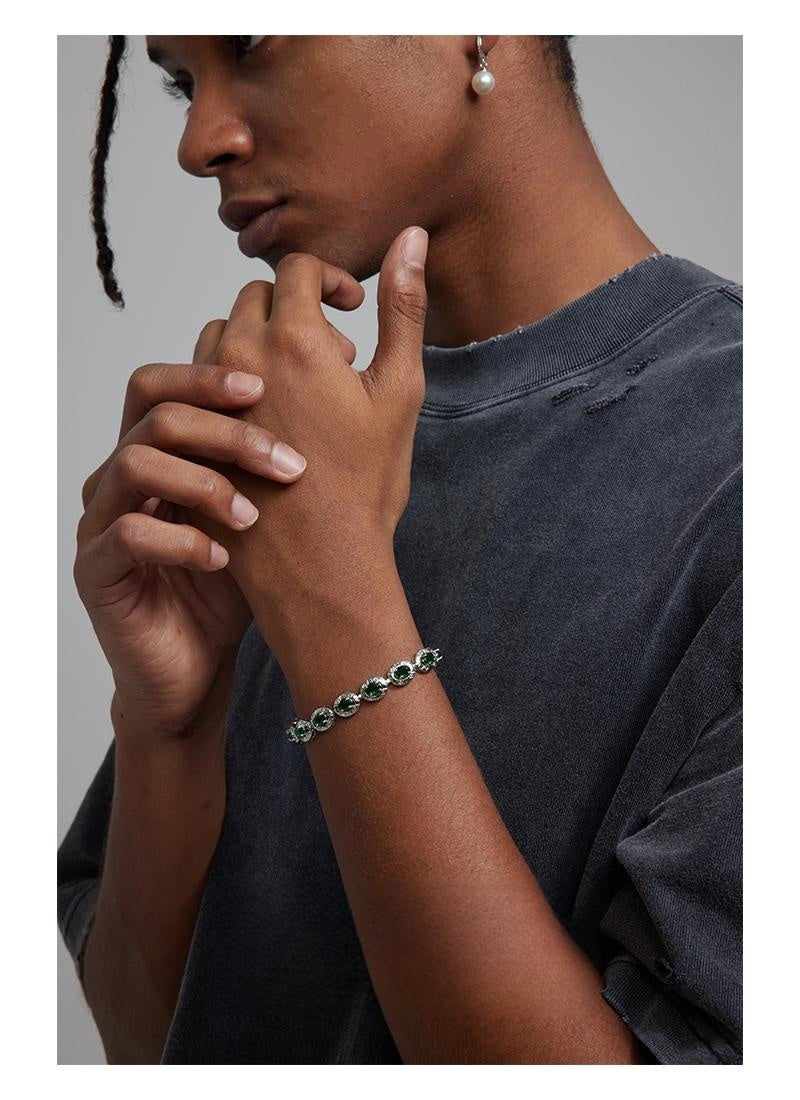 Copper alloy synthetic zircon bracelet, European and American style, green spliced and inlaid tennis bracelet, suitable for men, for street style
